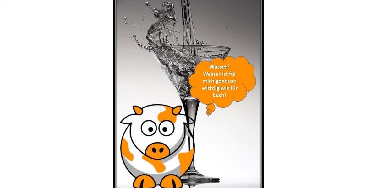 Comic-Kuh vor einem Wasserglas